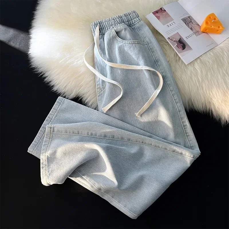 

2023 New Spring Autumn S-5xl High Waist Drawstring Straight Pants Woman Solid Color Loose Denim Trousers Korean Baggy Jeans