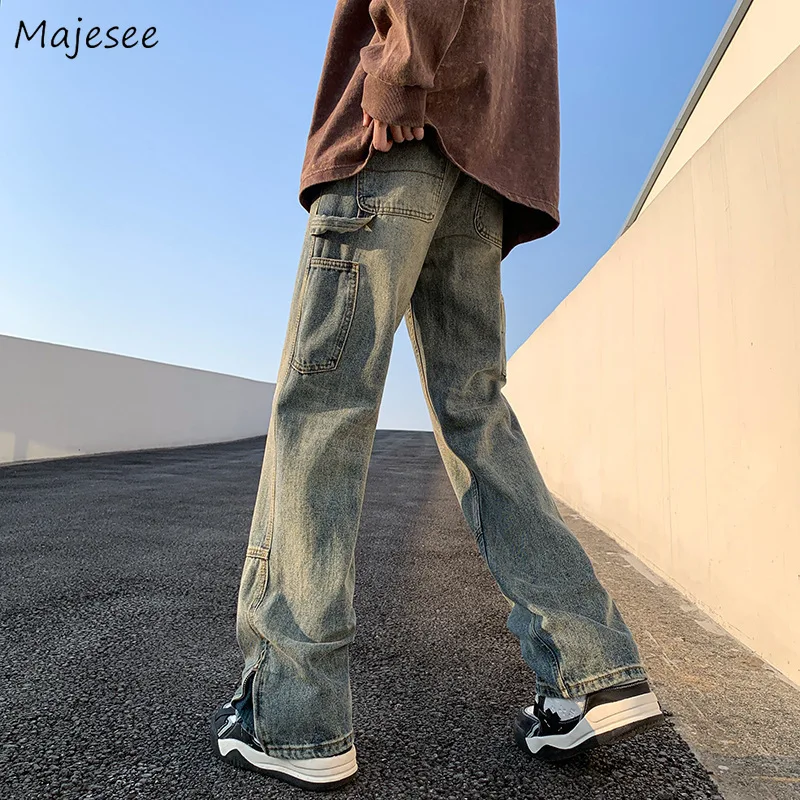 

Джинсы мужские с завышенной талией, свободные универсальные брюки в американском ретро стиле, с Боковым Разрезом, красивая уличная одежда, подчеркивающие индивидуальность