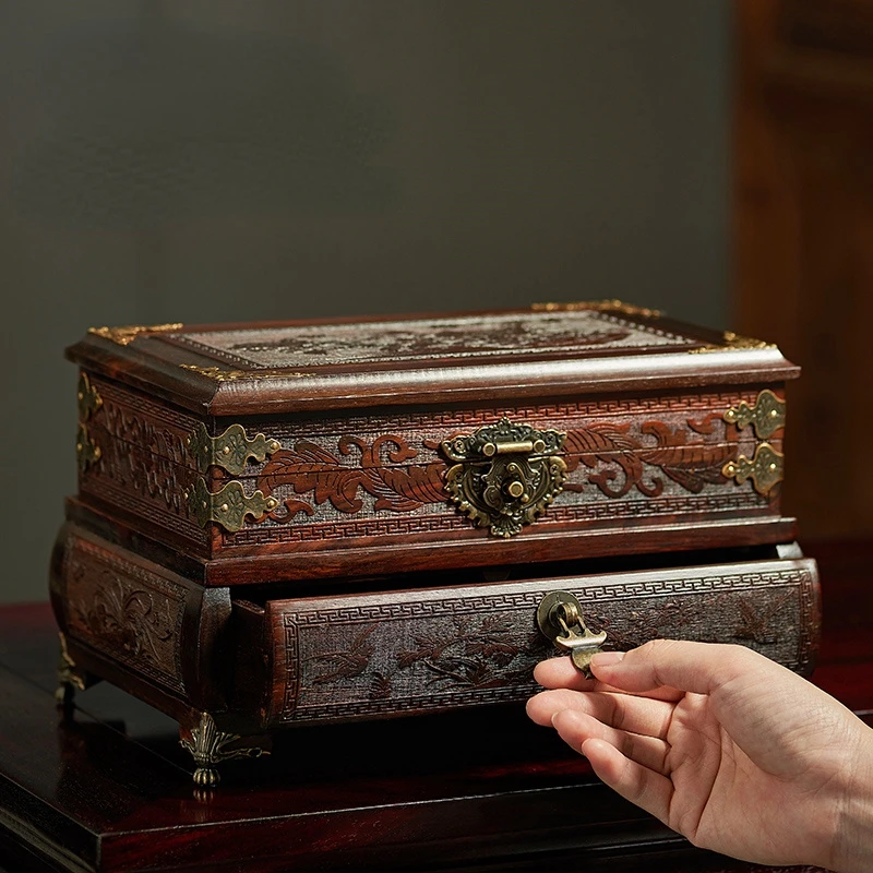 

Jewelry Box top-grade exquisite portable Lao red acid branch wood retro wedding three Gold Jewelry Box
