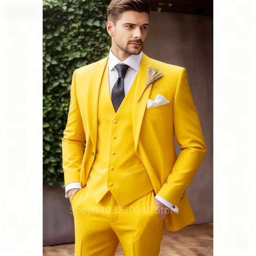 Luxury Solid 3-Piece Men's Tuxedo Suits Slim Fit Peak Lapel Blazer Vest And Pants Set for Prom Wedding Business Men Clothes