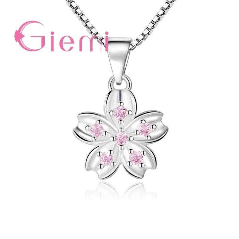Cherry Blossoms Flowers Five Petals Design Pink Clear CZ 925 Sterling Silver Women Bridal Wedding Pendant Necklace pendant necklace silver necklace silver pendant