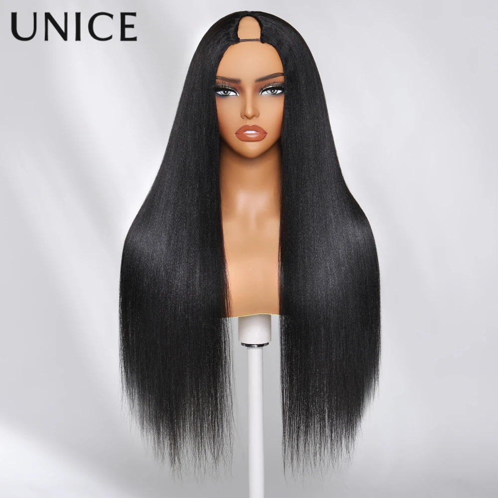 UNice Hair 야키 스트레이트 V 파트 가발 초보자 친화적인 보호 스타일 인모 가발 150% 밀도로 자연 모발을 보호합니다