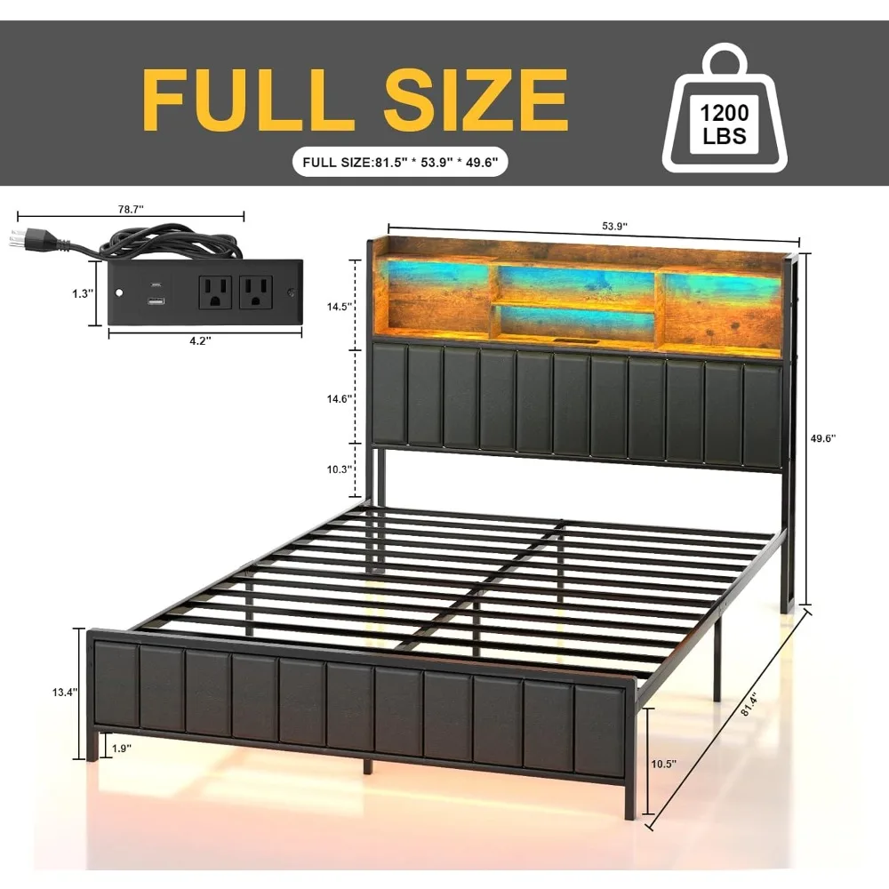 Bed Frame with Storage Upholstered Shelves Headboard, Outlets with Charging Ports and Colorful LED Lights 2