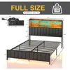 Bed Frame with Storage Upholstered Shelves Headboard, Outlets with Charging Ports and Colorful LED Lights 2