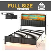 Bed Frame with Storage Upholstered Shelves Headboard, Outlets with Charging Ports and Colorful LED Lights 2