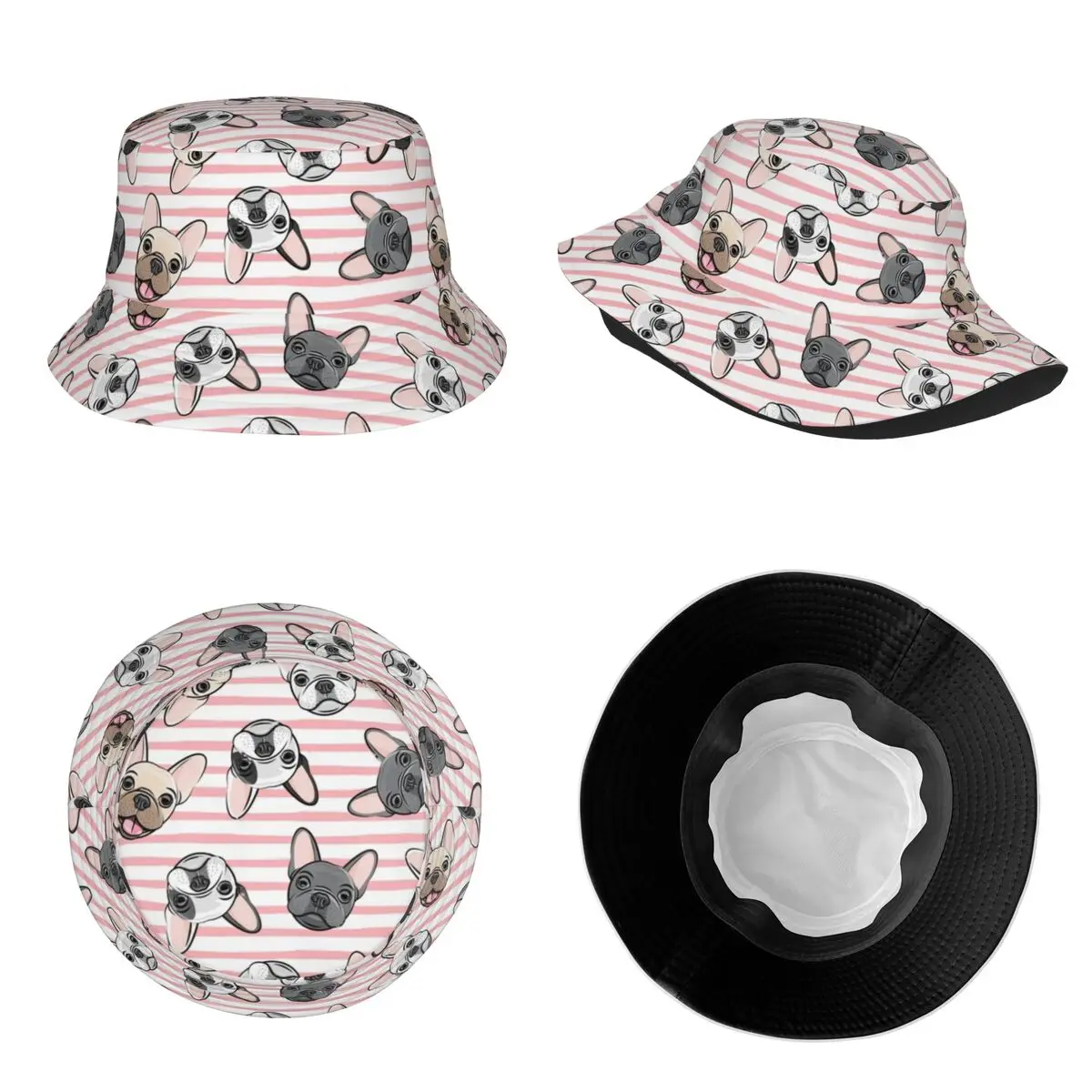 Women Bucket Hats All The Frenchies Pink Stripes Cute French