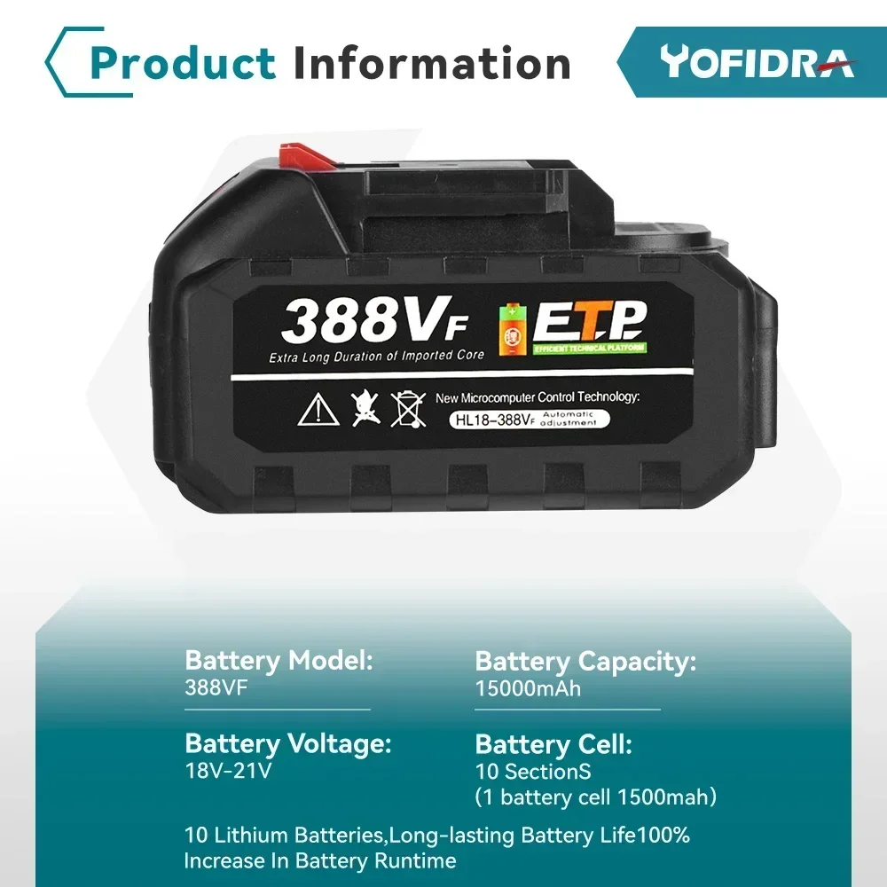 Yofidra 18-21V 150000mAh 22500mAh Rechargeable Lithium Ion Replace Battery For Brushless Electric Drill Wrench Blower Power Tool 3