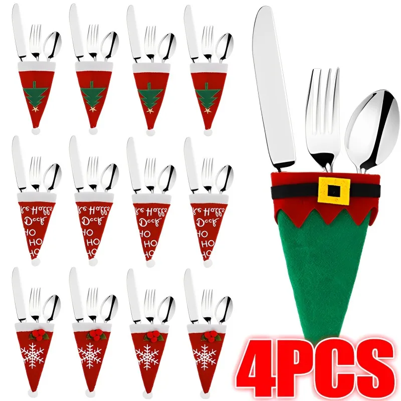 

4/1PCS Christmas Fork Knife Cutlery Holder Bag Pocket Red Santa Hat Spoon Tableware Storage Bag Christmas Dinner Table Ornament