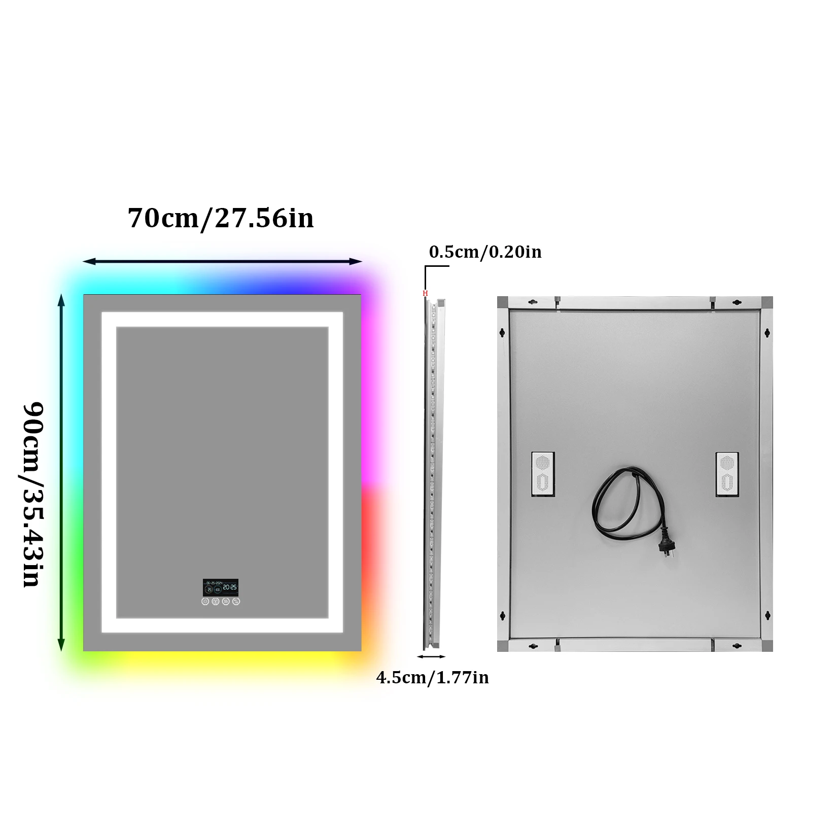 Round/Sqaure RGB LED Bathroom Mirror with Bluetooth Speaker Front-lit and Backlight Wall Dimmable Antifog Vanity Mirror