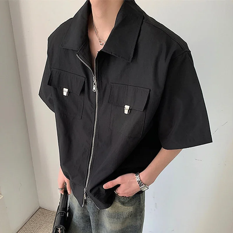 

Streetwear Mens Y2K Shirts Oversize Casual Loose Solid Color Shirt Men Summer Trendy Patchs Pockets Zip-up Shirt Male Cardigans