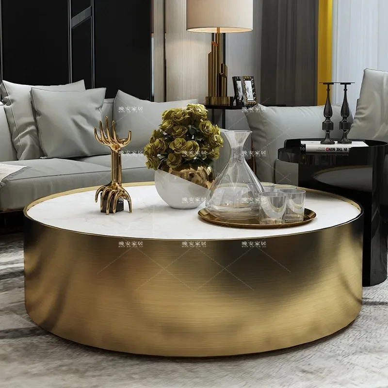 

Custom light luxury coffee table round golden stainless steel 1.2 meters marble coffee table size living room coffee table