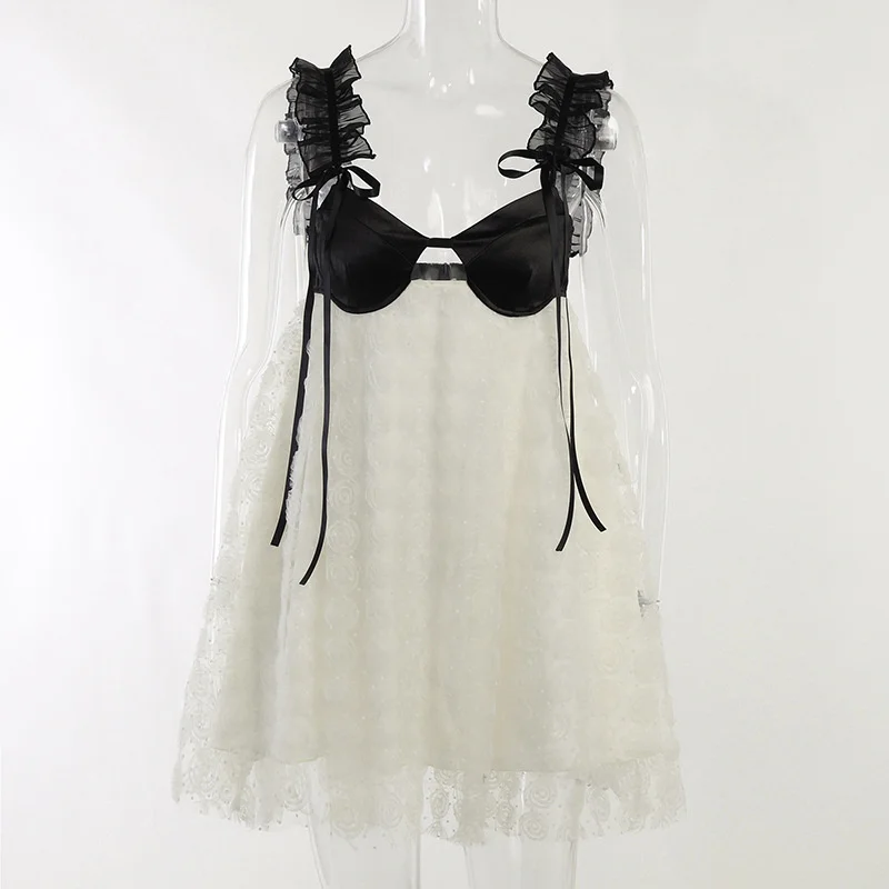 Vestido Fantoye de encaje transparente con retazos para mujer, minivestido sexy con tirantes finos en color albaricoque, informal, holgado, para primavera 2025