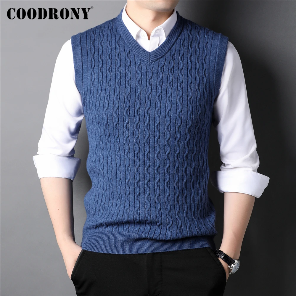 

COODRONY Thick Warm Sleeveless Sweater Vests Autumn Winter New Arrival Knitted Vest Men Pure Color Stripe V-Neck Waistcoat Z1071