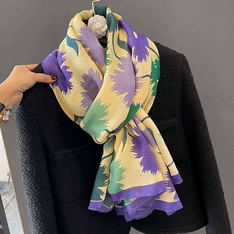 Soft cotton and linen floral scarves for women in spring and autumn, new blue scarves for mothers, trendy shawl necklaces