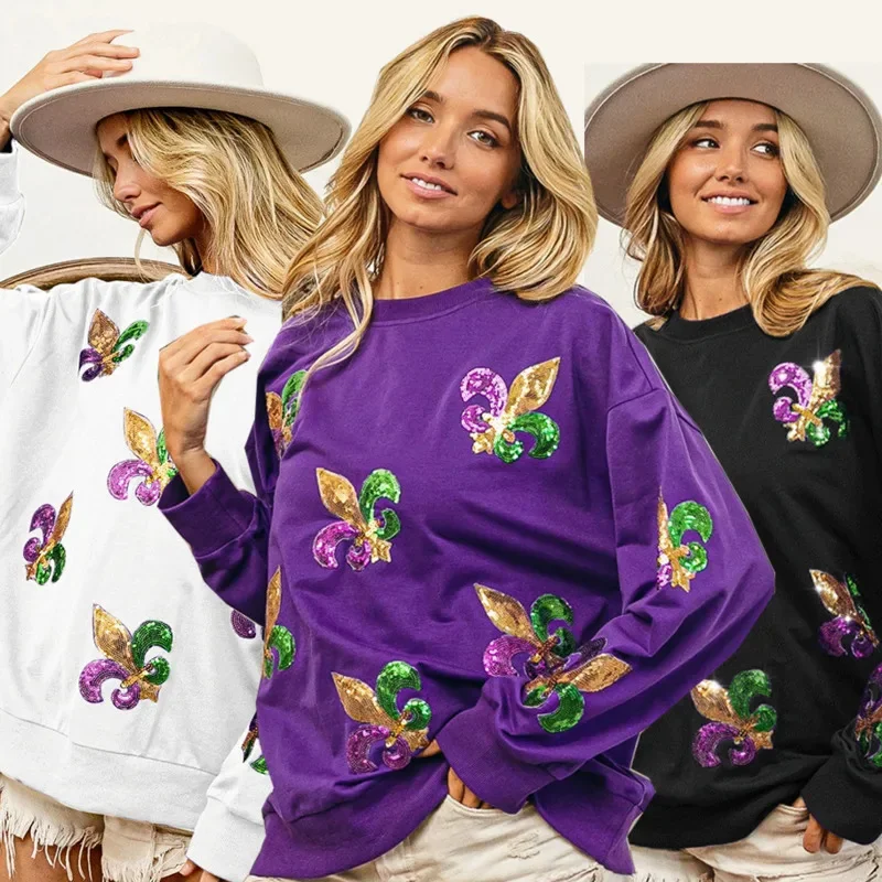 

Women Mardi Gras Sequin Sweatshirts Casual Contrast Paneled Floral Hoodies Autumn Winter Female Loose Y2k Oversized Pullover