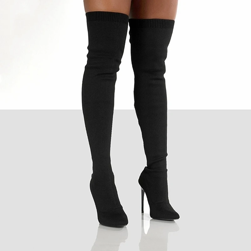 Damen Overknee Stiefel Aus Stretchstoff Mit Spitzer Zehenkappe_voghion.com
