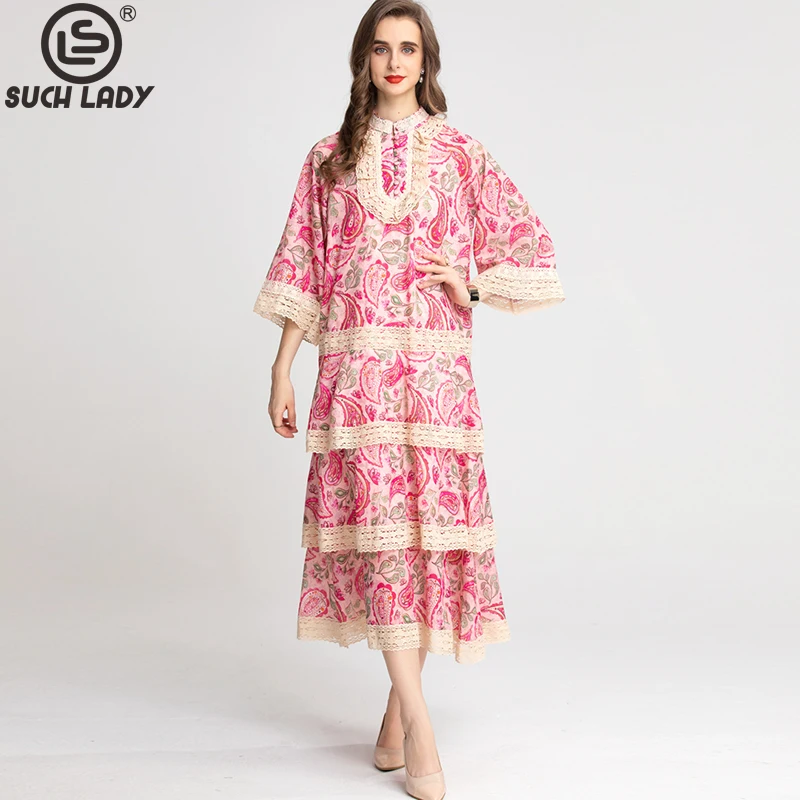 

Women's Runway Dresses Stand Collar Long Flare Sleeves Printed Tiered Lace Sash Belt Fashion Loose Vestidos