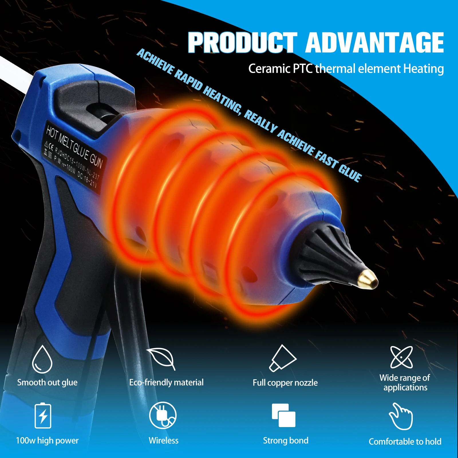 100W Cordless Hot Glue Gun for Bosch 18V Battery with 10pcs 11mm Sticks 30s Quick Preheat for Arts Crafts DIY No Battery hot melt glue gun hot glue gun cordless glue gun