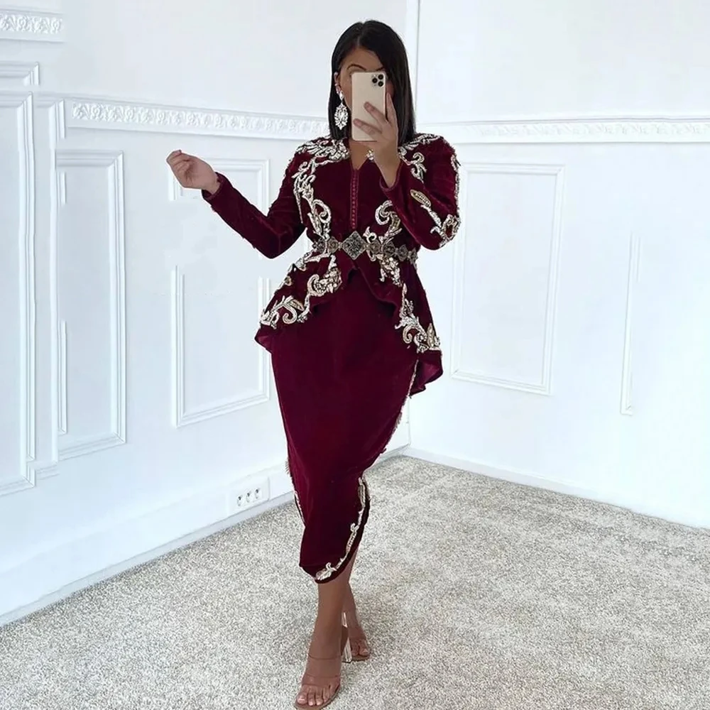

Burgundy Moroccan Caftan Formal Evening Dresses Sheath Long Sleeves Appliques Prom Dresses Arabic Party Dresses