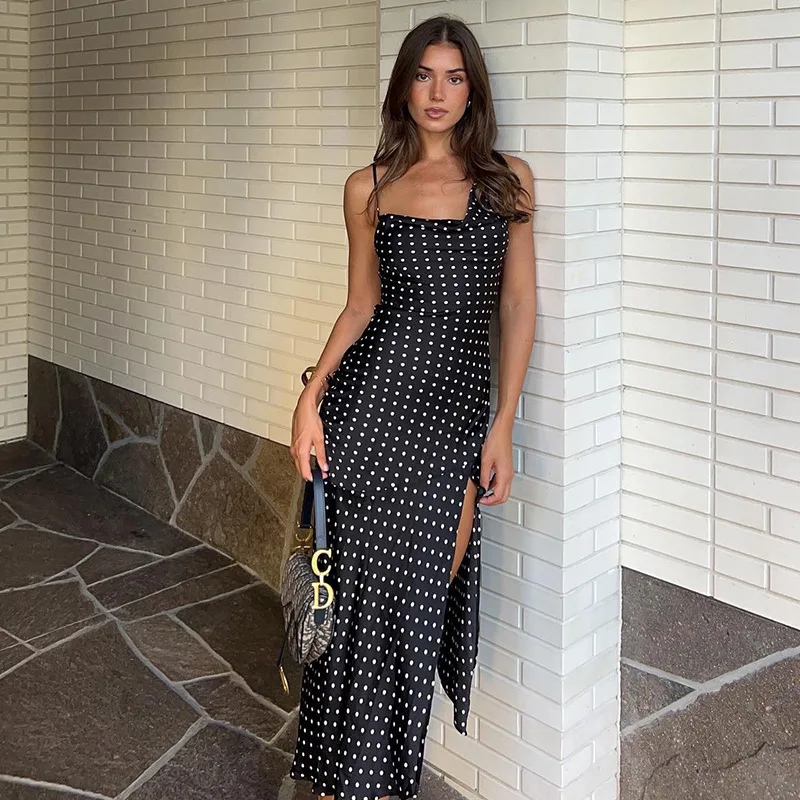 

Dot Print Swinging Neck Straps Backless Midi Dress Summer Women Sleeveless Split Sexy Dresses Casula Party Club Outfits