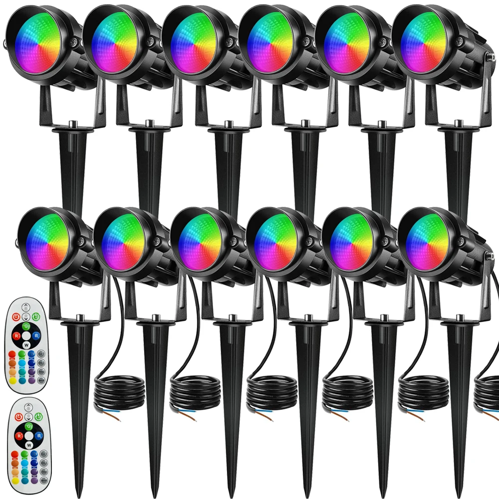 12pcs RGB Outdoor LED Spotlight 12W 16 Colors Changing Landscape Light Remote 12V Outdoor Waterproof Garden Lawn Path Light