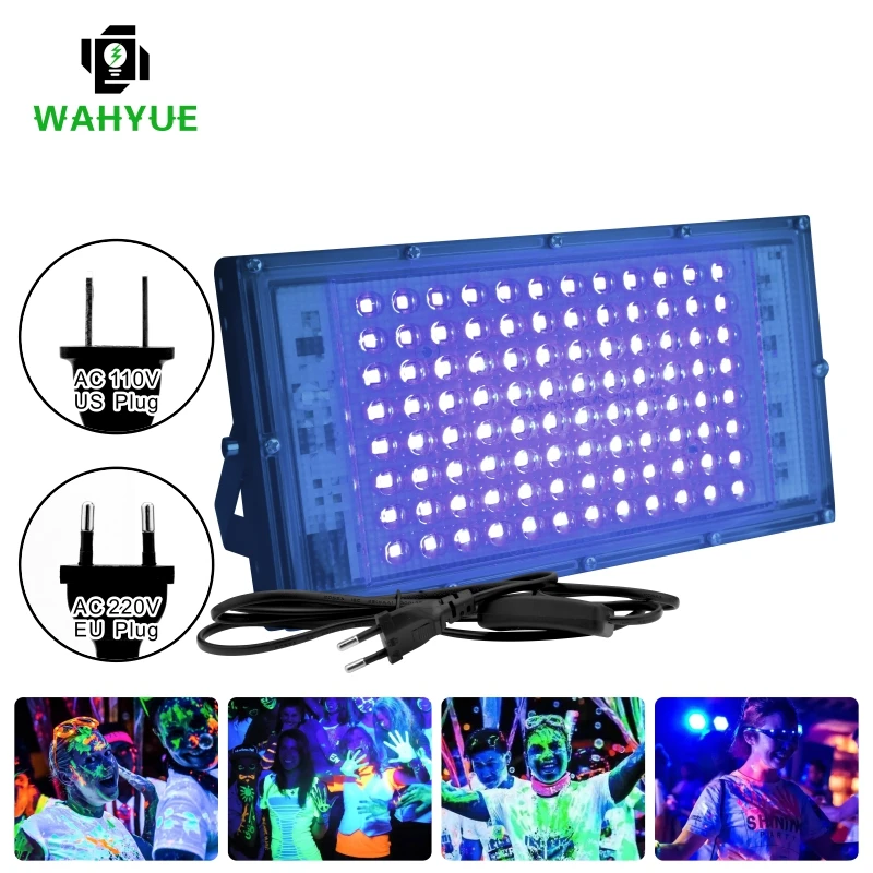 

Led UV Floodlight 110V 220V 50W 100W Party Light 395nm 400nm IP65 Waterproof Ultraviolet Fluorescent Stage Lamp with US/EU Plug