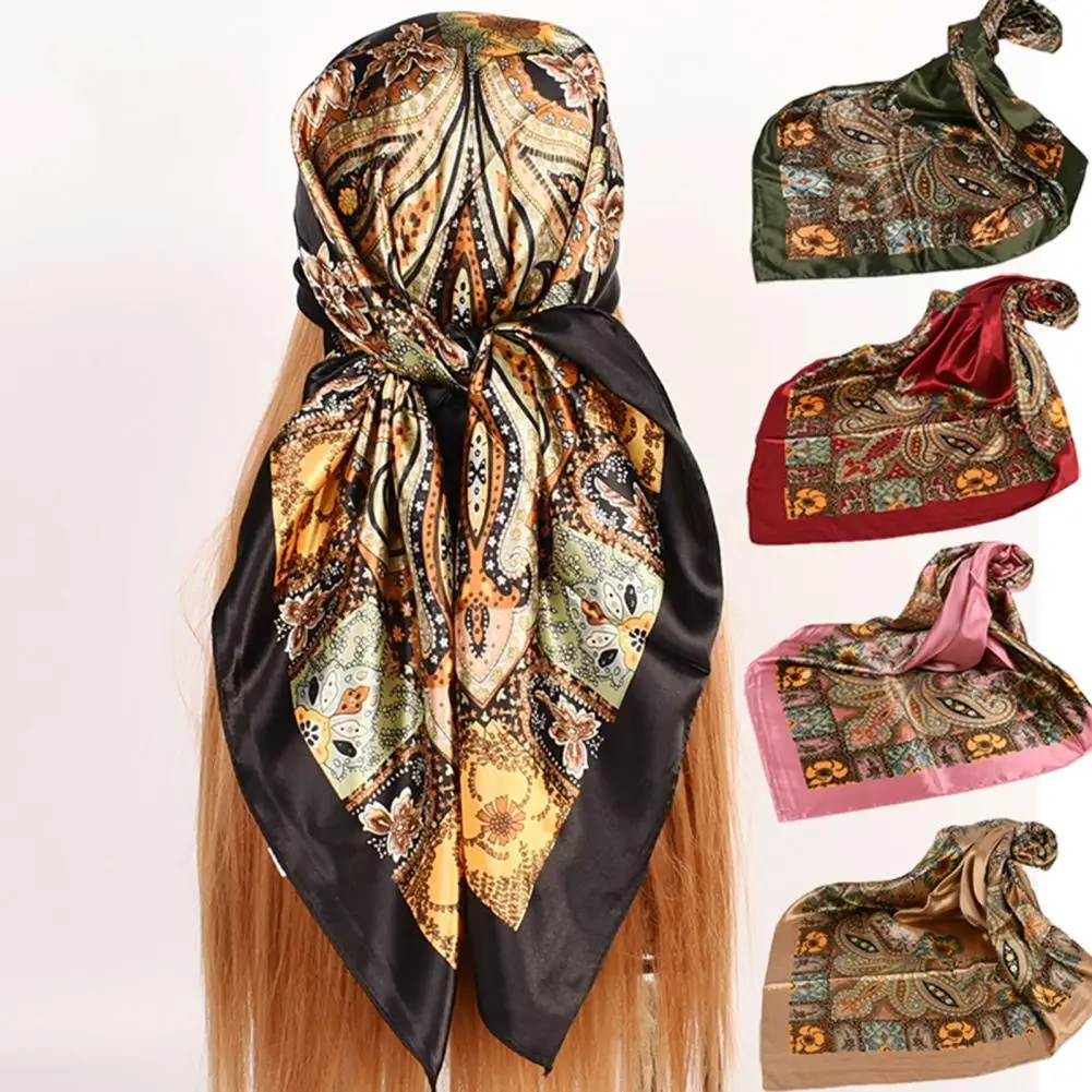 LargeCashewFlowerPrintedHairScarfSunscreenImitationSilkSquareSmoothRetroScarf