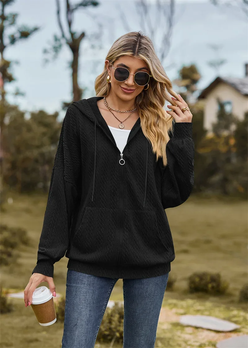 Sweet Style Women Zipper Cardigan Hoodie Long Sleeve Double Pockets Splicing Hem Hooded Sweatshirt Female Loose Casual Outerwear