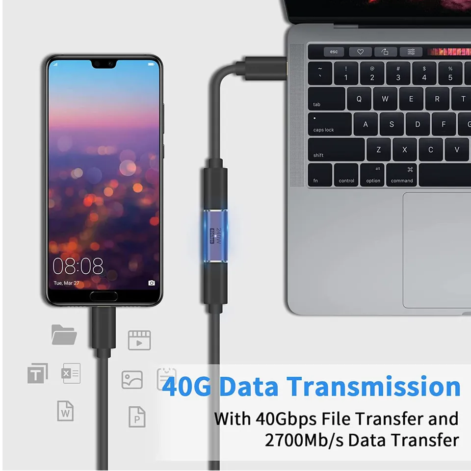 Puiseno Adattatore USB-C, supporta Thunderbolt 5, USB 4 Gen 2, 240 W, 80 Gbps, compatibile con tutti i dispositivi, medio, laterale e verticale angolato, confezione da 3 nero