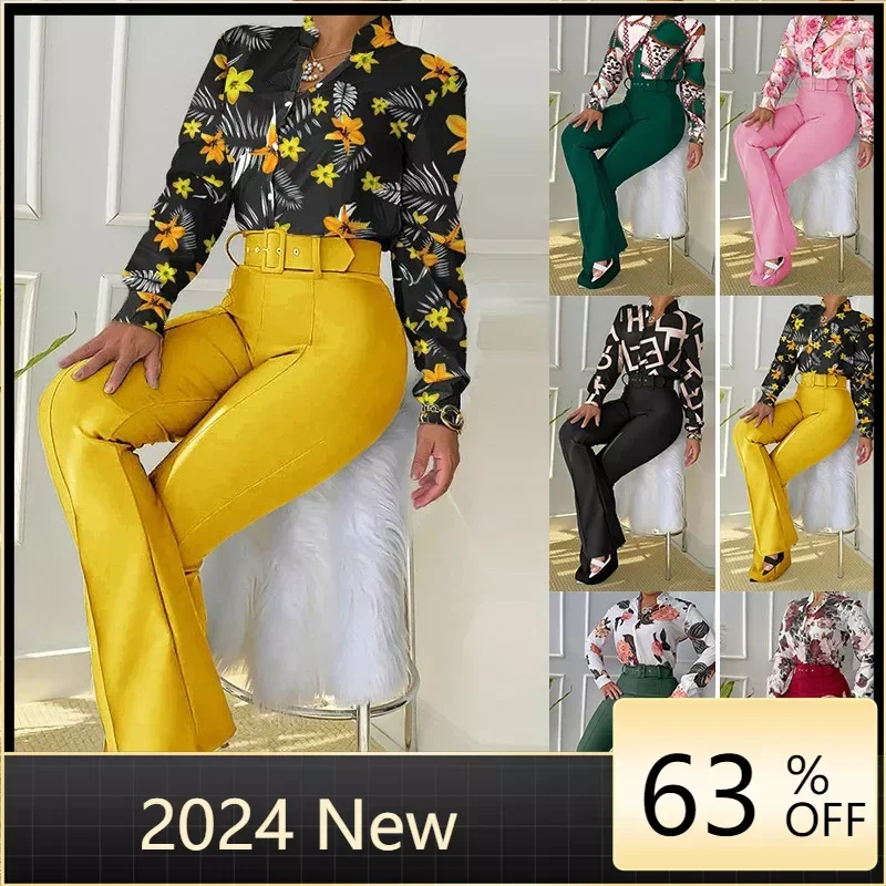 Elegant Women Printed Two Piece Suit Sets Autumn Winter V Neck Long Sleeve Shirt Top & Long Pants Set With Belt Workwear Outfits