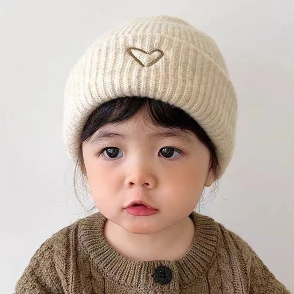 Love Heart Embroidery Knitted Hat Scarf Set Thickened Solid Color Crochet Warm Beanie Cap Windproof Korean Style