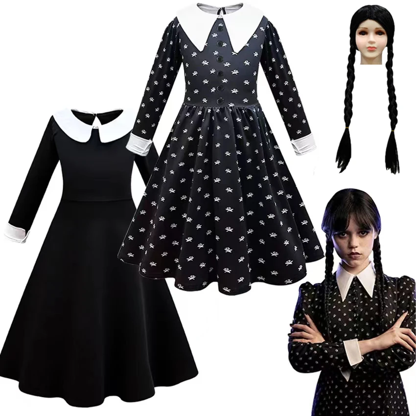 New Wednesday Addams Family Pettinus Dress Kids Girls Vintage Black Morticia Dresses Halloween Cosplay Gothic Clothes Costume