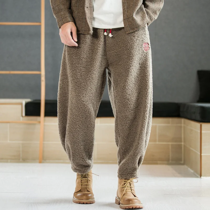 

2022 Winter Men's Casual Embroidered Plush Pants Thickened Sweatpants Fashion Dstring Warm Brand Wool Pants