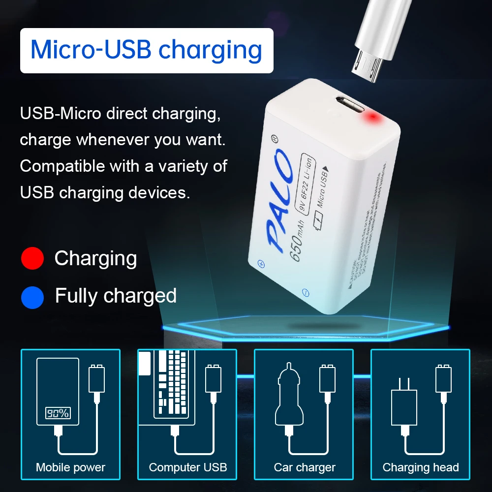 PALO 9V Rechargeable Battery 650mAh 6F22 Micro USB 9v Li-ion Lithium  Batteries for Multimeter Microphone Toy Remote Control KTV