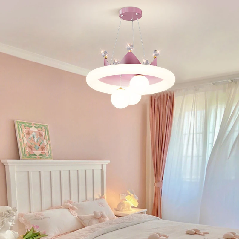 

Modern Children's Room Chandeliers Pink Princess Room Decor Lamp Warm Romantic Girl Boy Bedroom Chandelier Crystal Crown Lamp