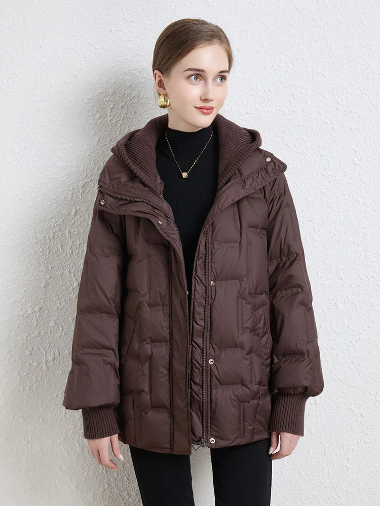 Janveny 2025 New Winter Short White Duck Down Jacket Women Casual Loose Warm Parkas Knitted Hat Detachable Puffer Down Coat