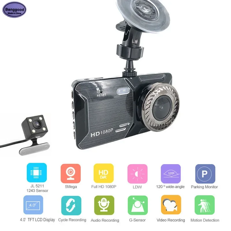 H309 4 Inch IPS Touch Screen Dash Cam 1080P Car DVR with Rear View Dual Lens Car Camera Dashcam Video Recorder Night Vision