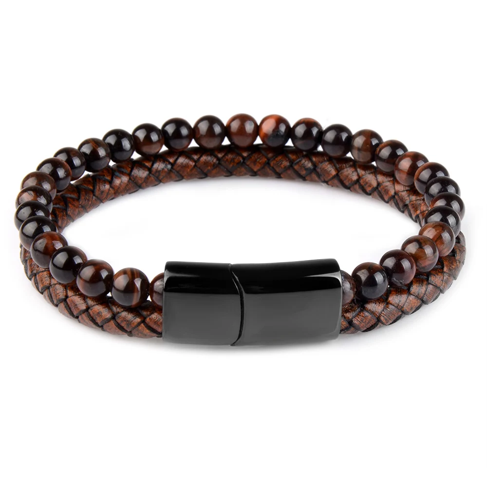 Natural Stone Bracelet Genuine Leather Braided Bracelets Black Stainless Steel Magnetic Clasp Tiger eye Bead Bangle Men Jewelry bracelet jewelry