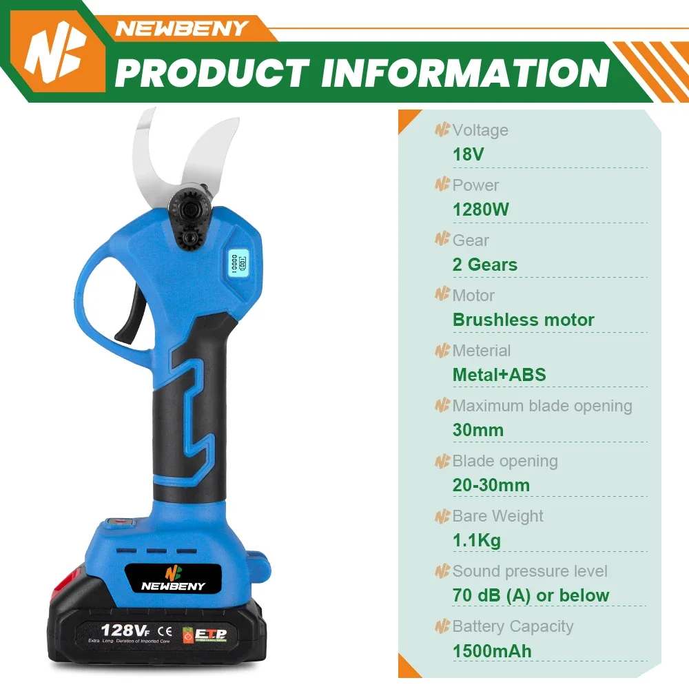 NewBeny 30mm Brushless Electric Pruning Shears 2 Gears Efficient Cordless Fruit Tree Bonsai Garden Tools For Makita 18V Battery 2