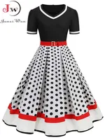Black V-Neck Short Sleeve Vintage Pleated Dress with Belt Women 50s Polka Dot Party Sundress Robe Plus Size