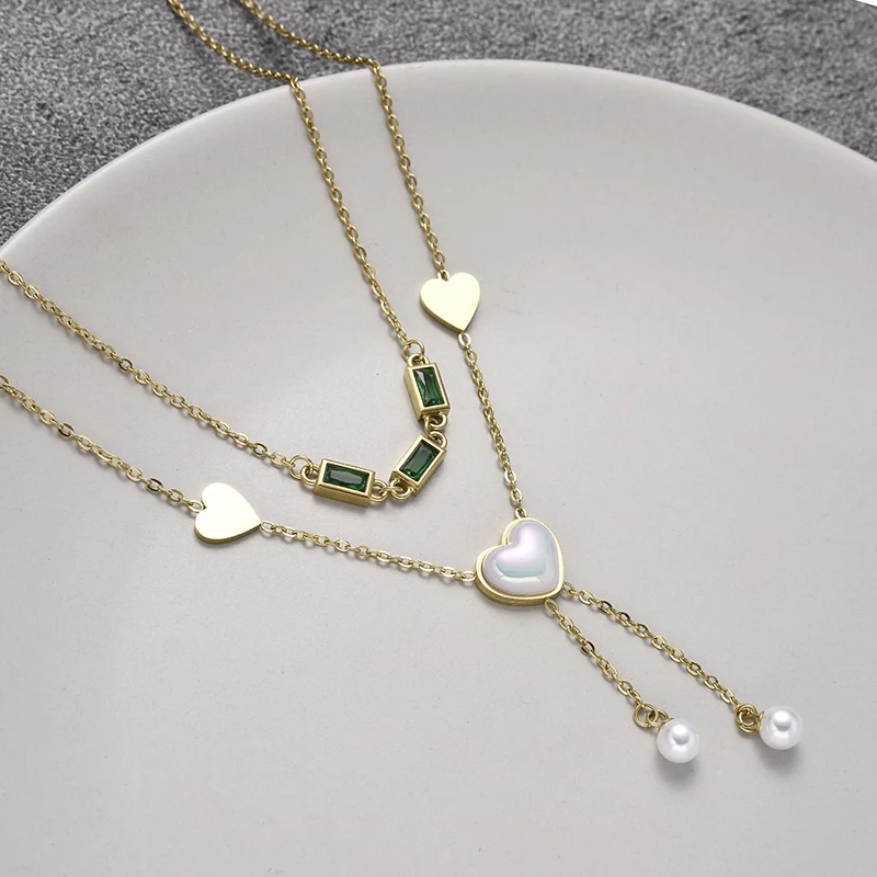 Fashion Pearl Pendant Women's Necklace Heart Shaped Pearls Green