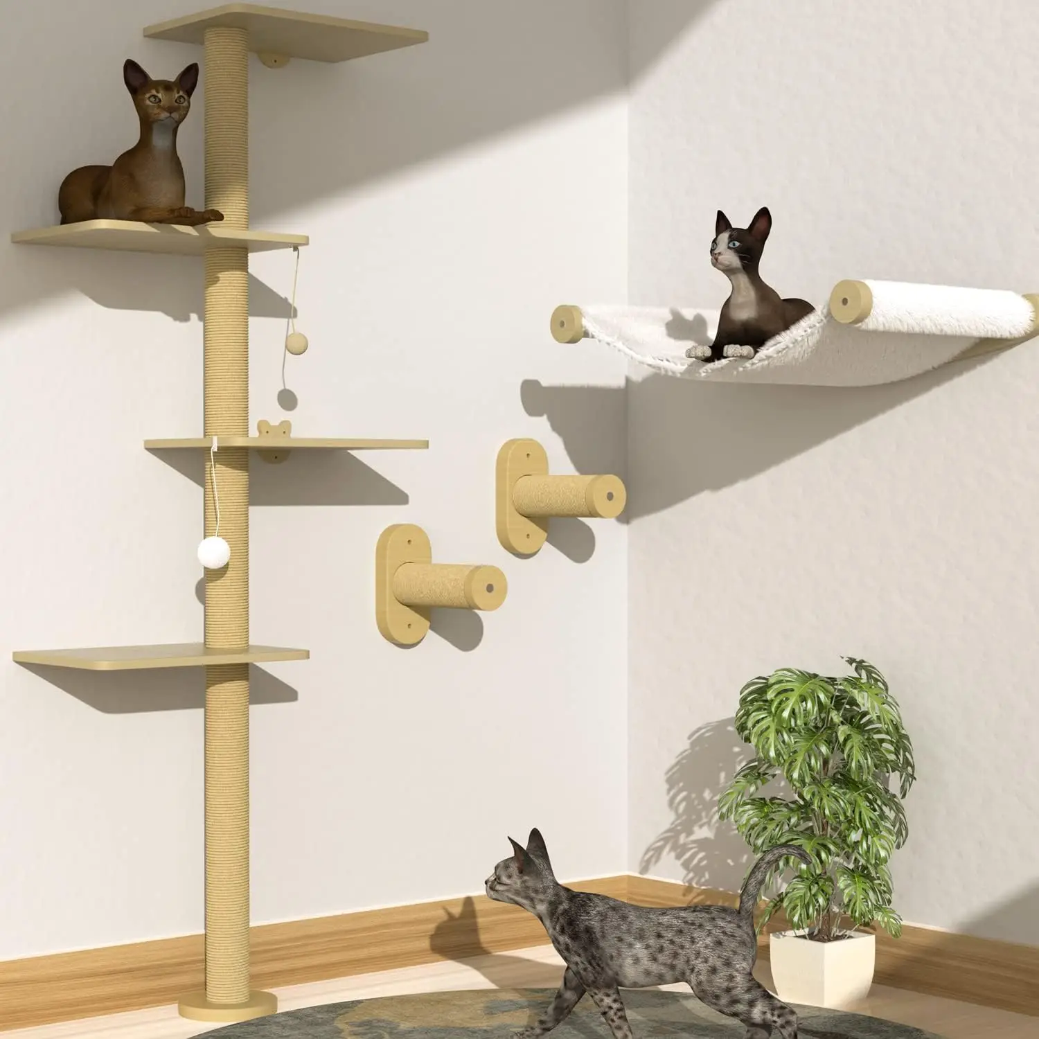 

Indoor cat wall frame with hammock,used for climbing,sleeping,and playing. The cat tree contains a cushion, green, free shipping