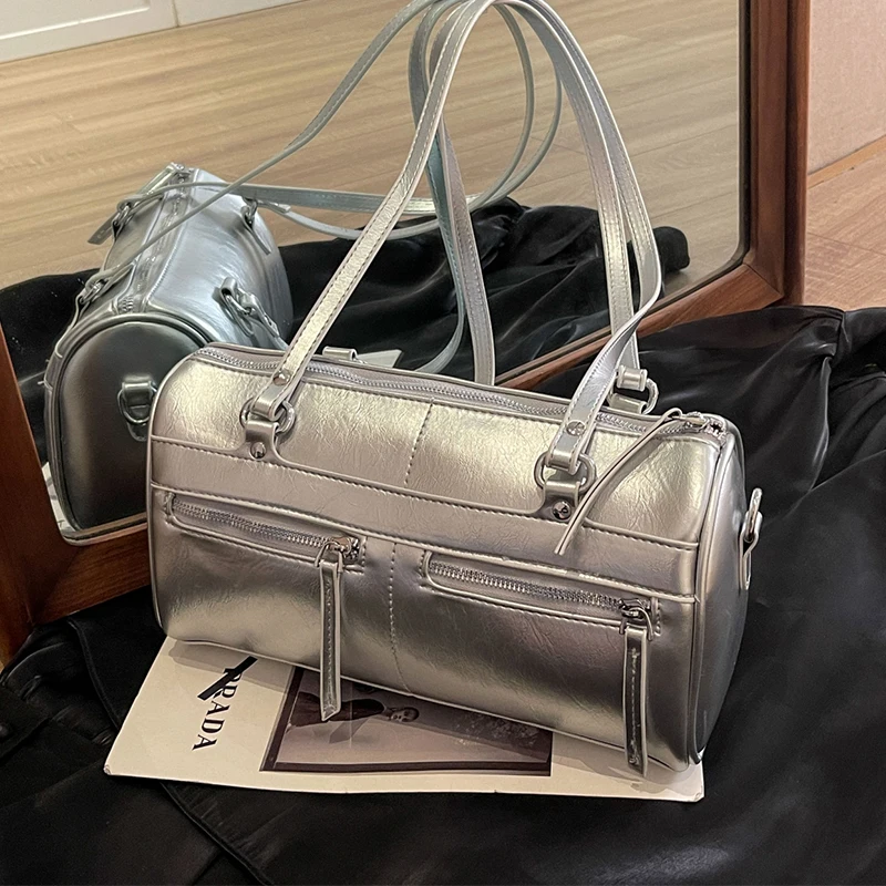 

Дорожная сумка, модная простая сумка через плечо для женщин, серебристая сумка на молнии, сумка-мессенджер из искусственной кожи, женская сумочка