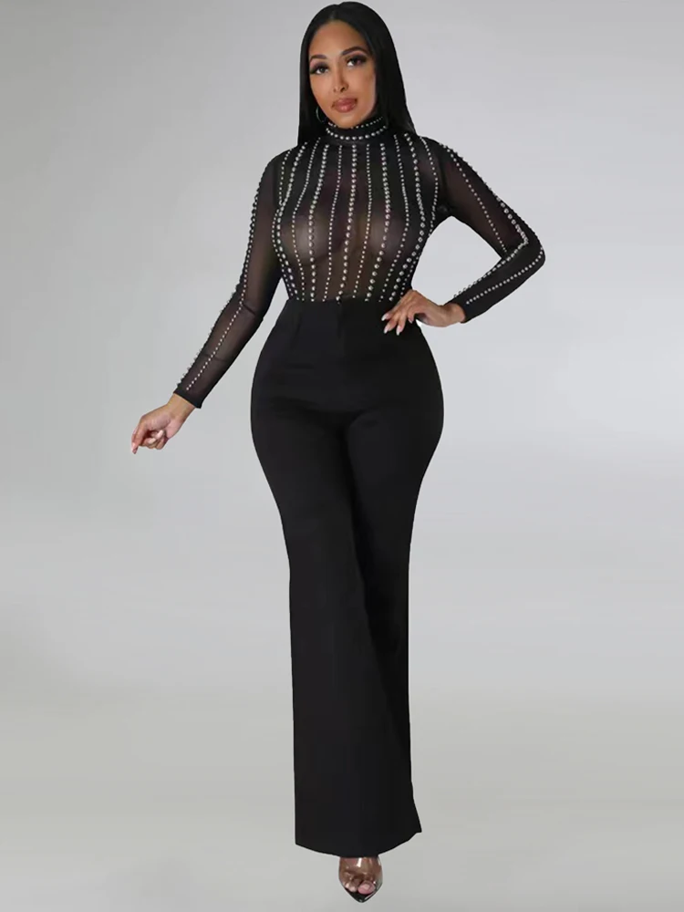 Black Diamond Sexy Tight Pants Set Fashion Round Neck Long Sleeve High Waist Sparkling Mini Tank Top Wide Leg Pants 2-Piece Set stretchy pregnant tight open long dress women solid o neck short sleeve maternity spring summer pregnancy clothes for photoshoot