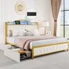 Queen Bed Frame w LED Lights, Platform Upholstered Bed w 4 Storage Drawers and Charging Station, Crystal Button-Tufted Headboard 1