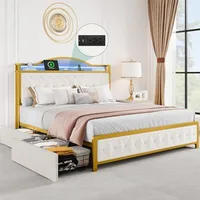 Queen Bed Frame w LED Lights, Platform Upholstered Bed w 4 Storage Drawers and Charging Station, Crystal Button-Tufted Headboard 1