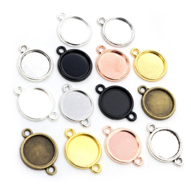 Classic One-Sided Double Hanging Cabochon Base Setting Charms Pendant in 7 Colors, Multiple Inner Sizes