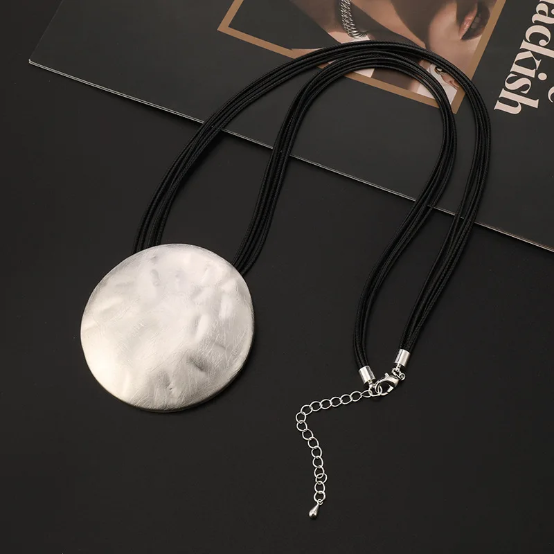 Leather Necklace Big Circle Pendant Necklace Large Boho Round