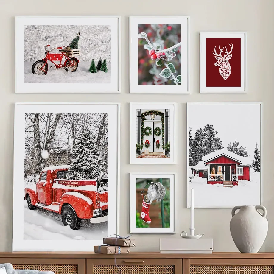 

Настенное искусство зеленая Рождественская елка Красный винтажный автомобиль олень абстрактная фотография Декор для гостиной настенные картины