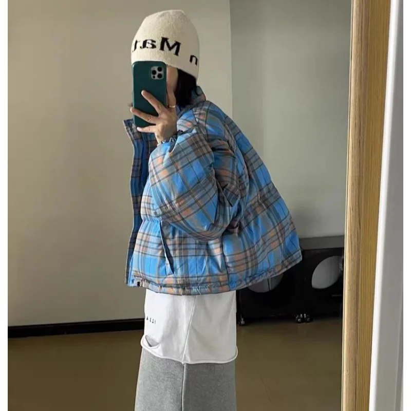Fashion Plaid Women's Winter Down Jacket Short Small Coats White Duck Down Padding New Outerwear Korea College Style Jacket